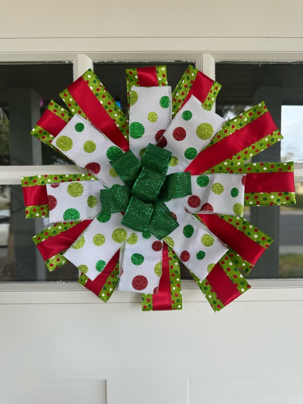 Festive Christmas Holiday Ribbon Bow Wreath - Decorative Door Accent